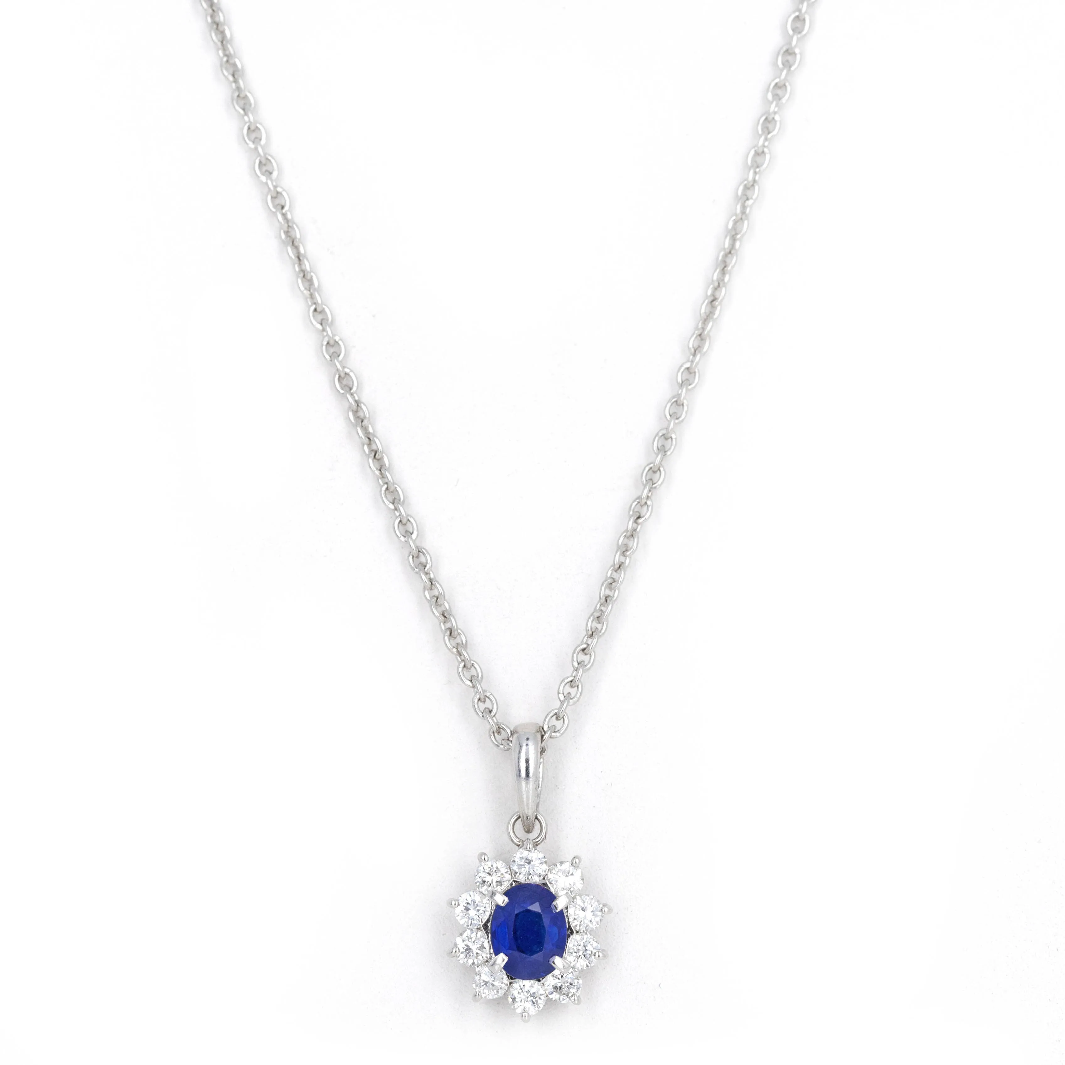 0.68 Carat Oval Natural Sapphire Diamond Halo Pendant Necklace