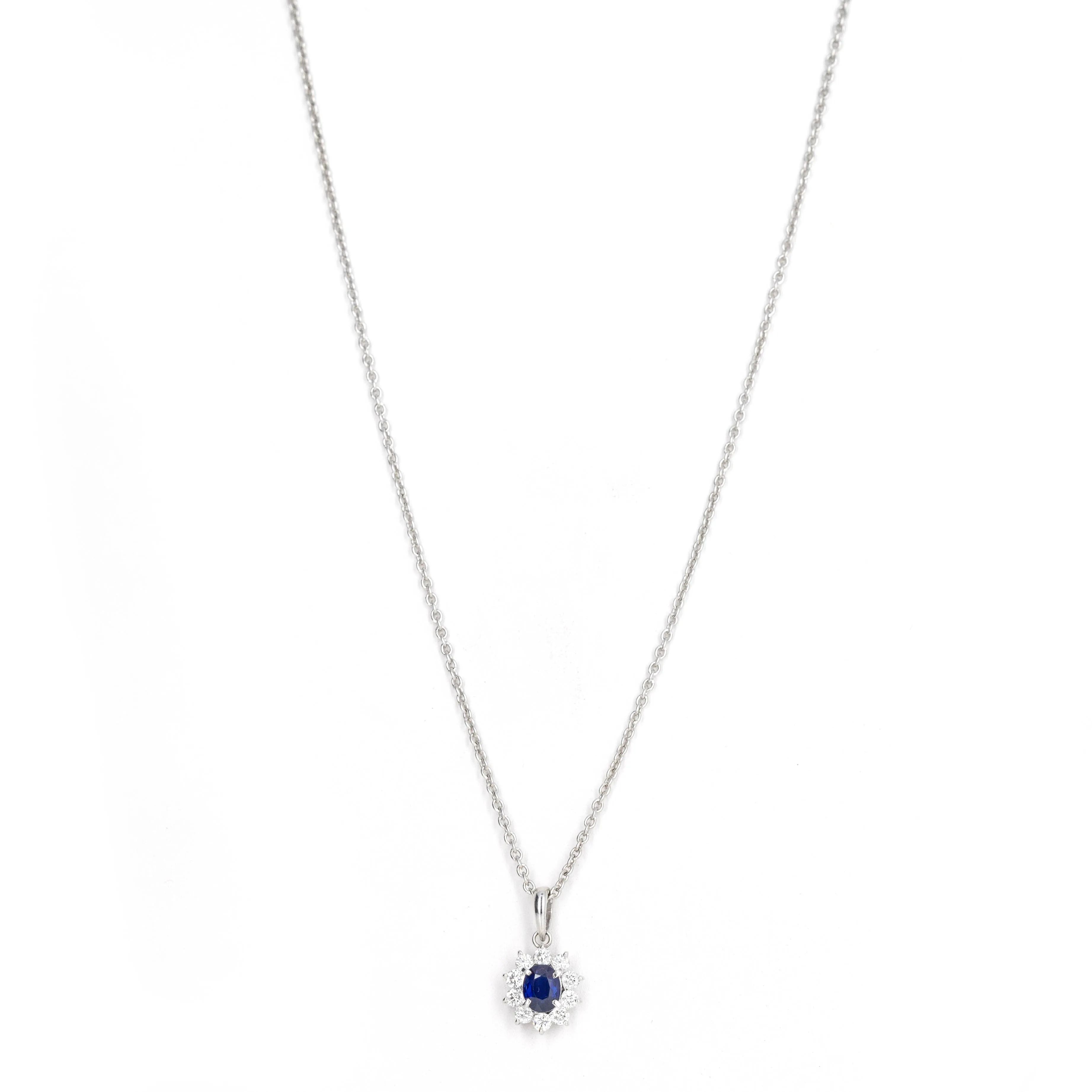 0.68 Carat Oval Natural Sapphire Diamond Halo Pendant Necklace