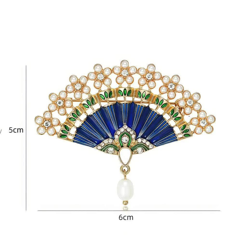 14K Gold Pearl Embellished Crystal Vintage Fan Brooch