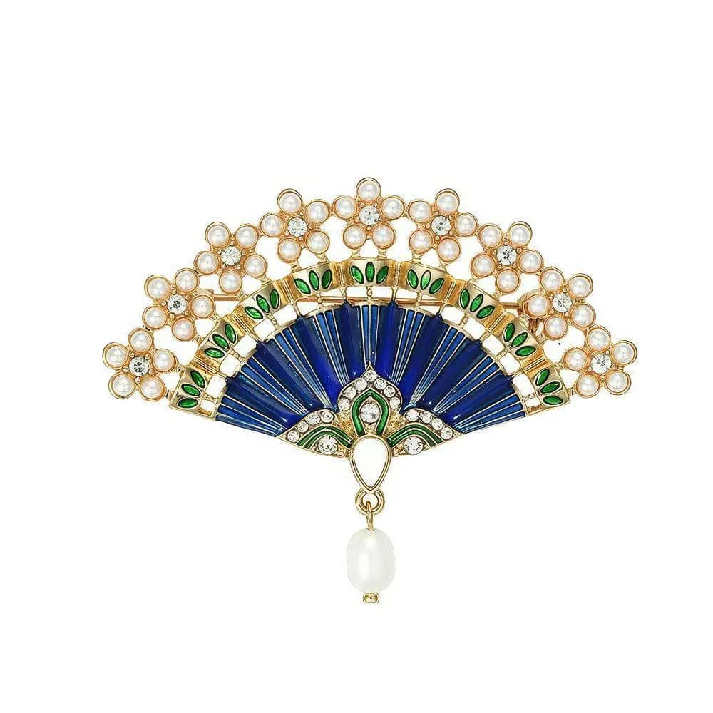 14K Gold Pearl Embellished Crystal Vintage Fan Brooch