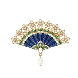 14K Gold Pearl Embellished Crystal Vintage Fan Brooch