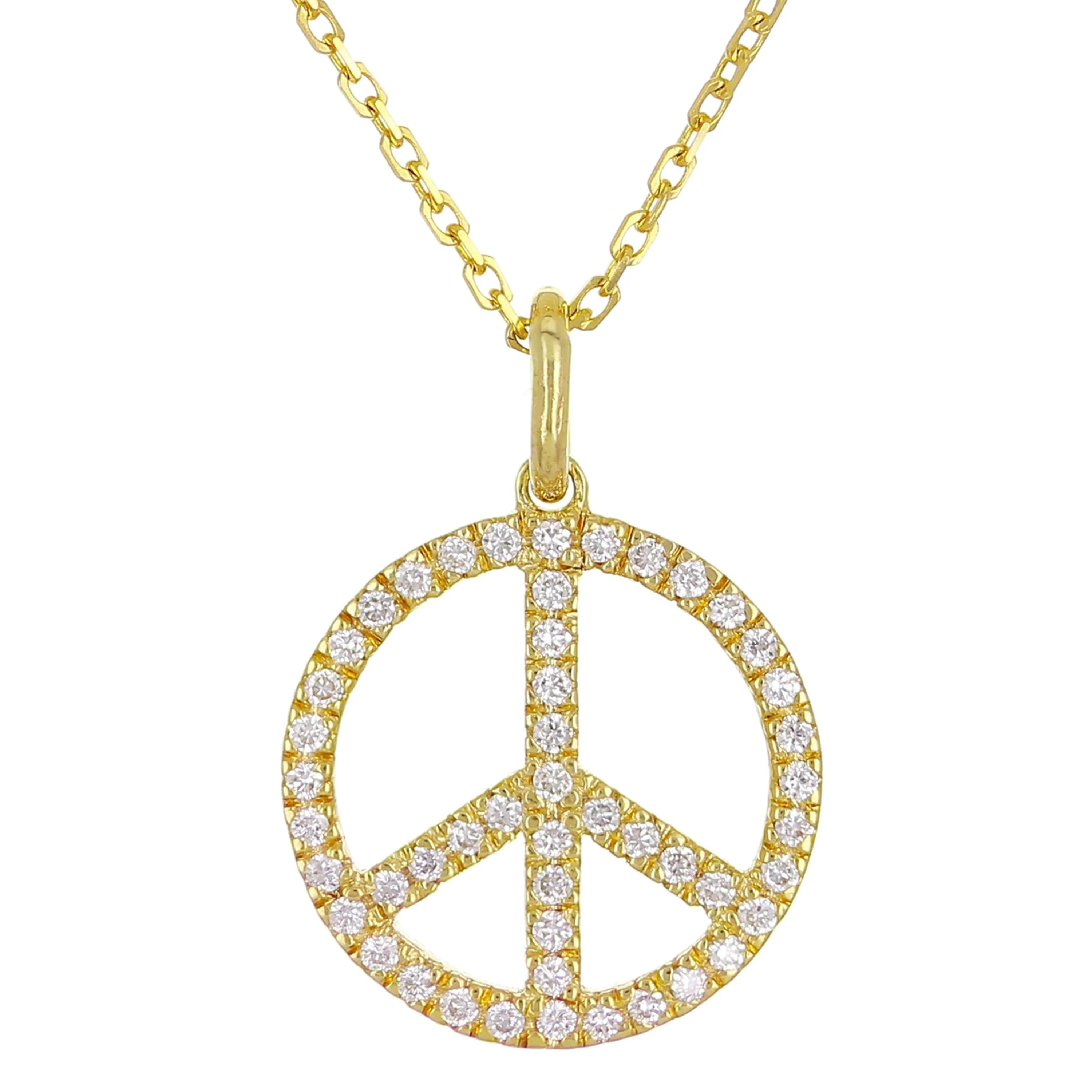 14k Yellow White or Rose Gold 0.17 ctw Diamond Peace Sign Pendant Necklace 18"