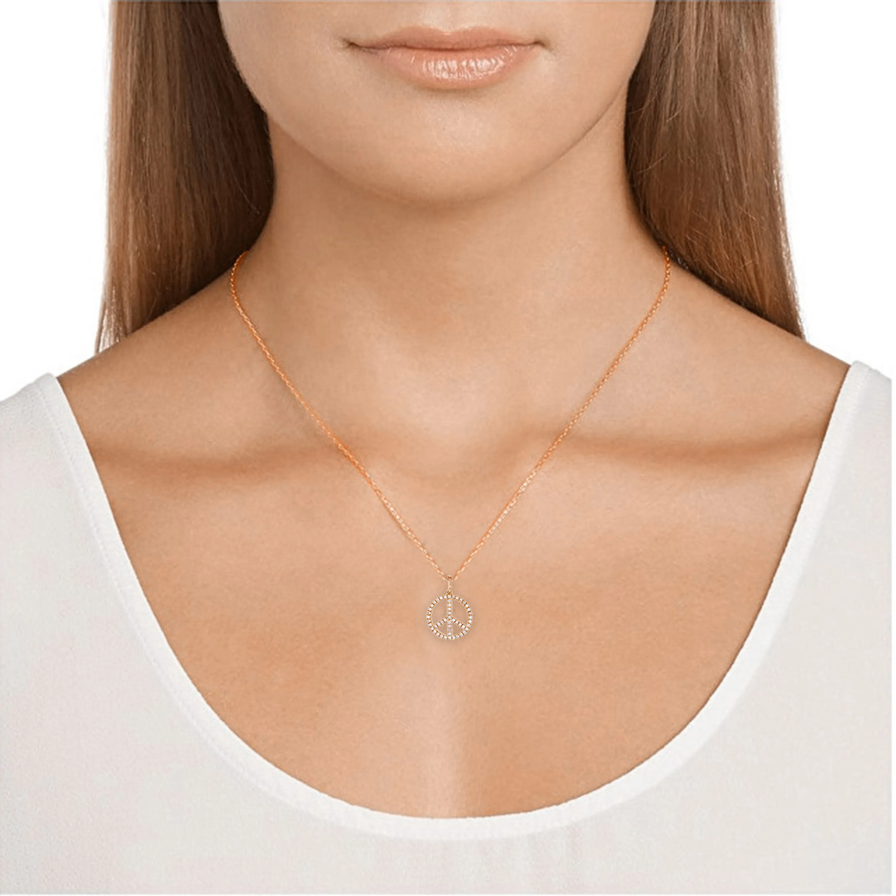 14k Yellow White or Rose Gold 0.17 ctw Diamond Peace Sign Pendant Necklace 18"