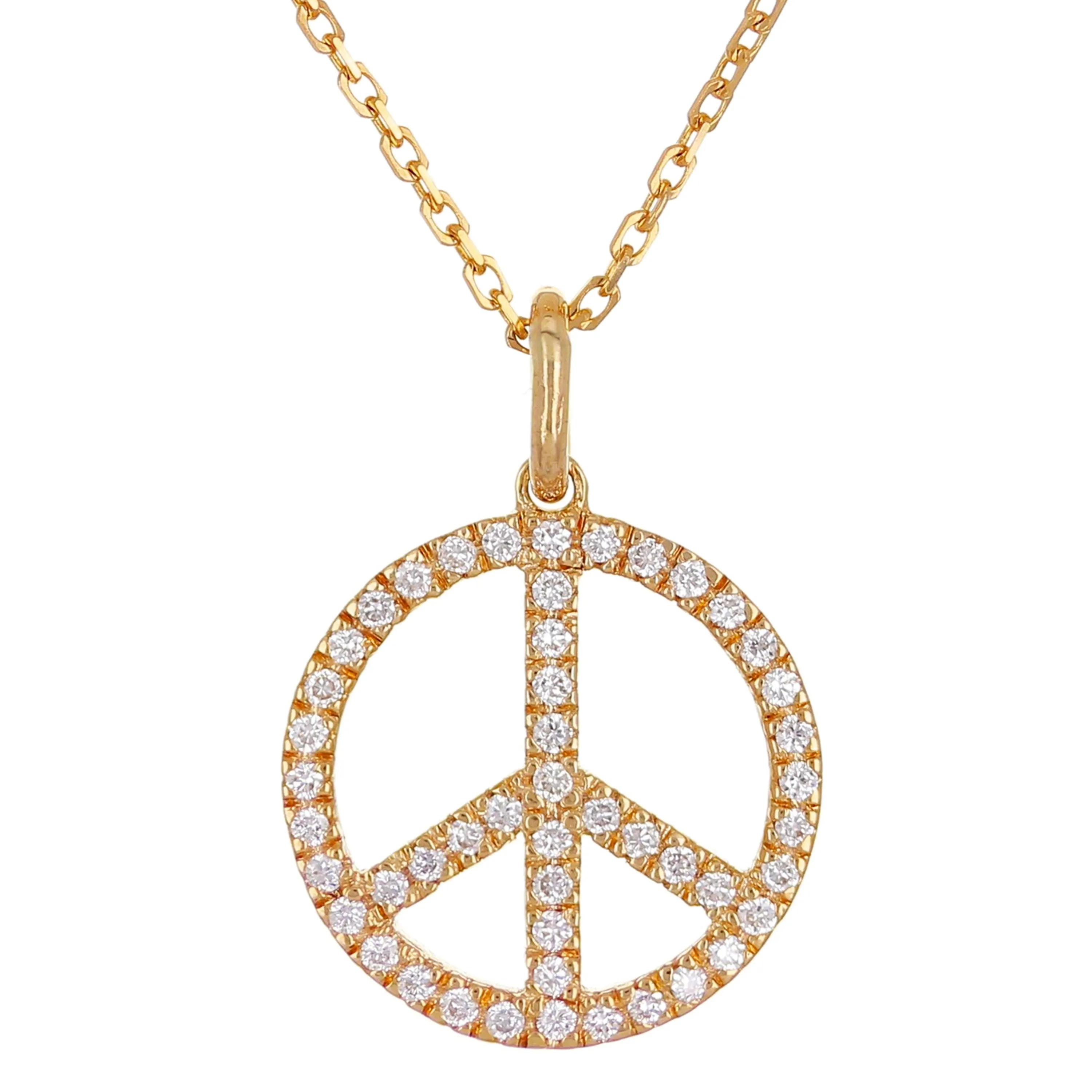 14k Yellow White or Rose Gold 0.17 ctw Diamond Peace Sign Pendant Necklace 18"