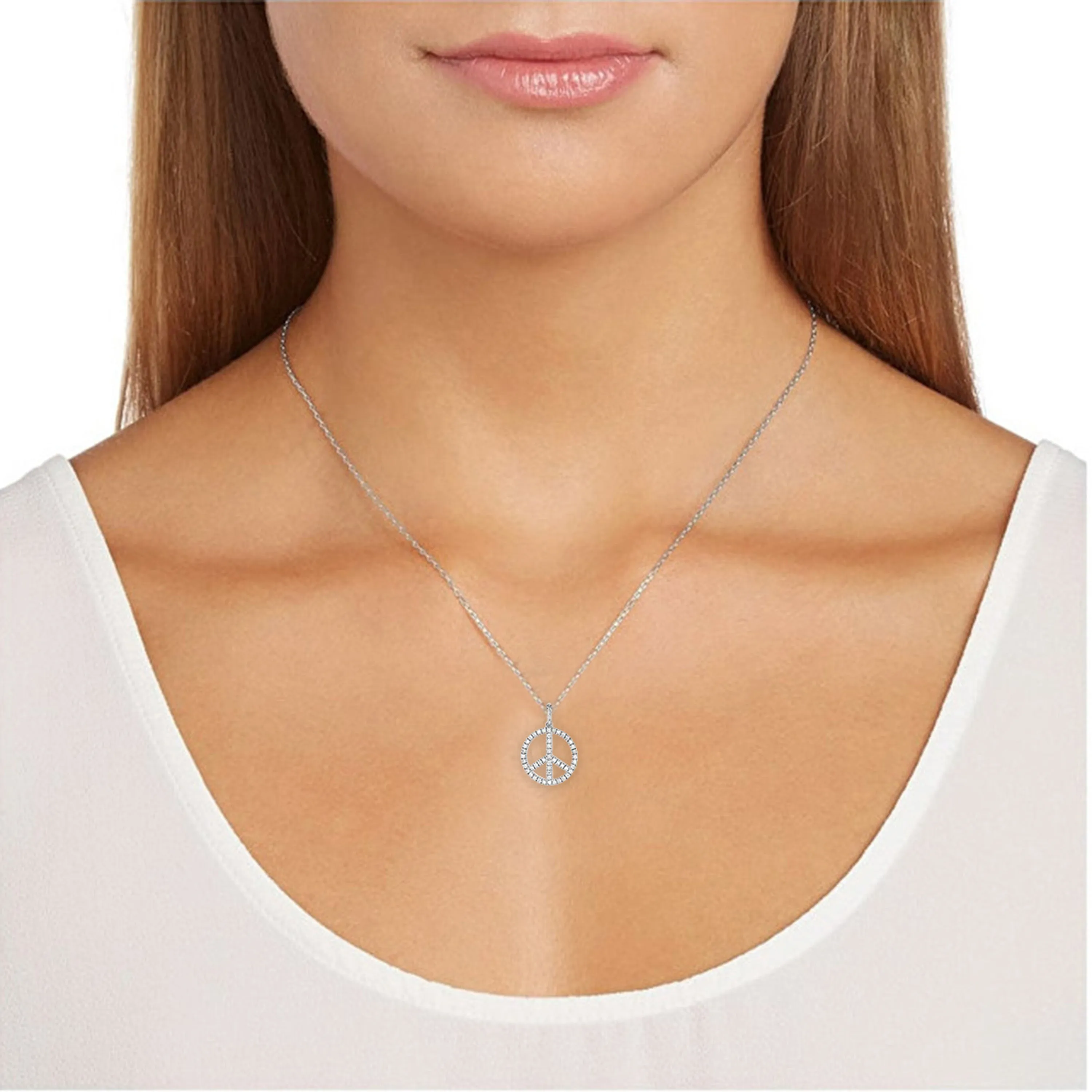 14k Yellow White or Rose Gold 0.17 ctw Diamond Peace Sign Pendant Necklace 18"