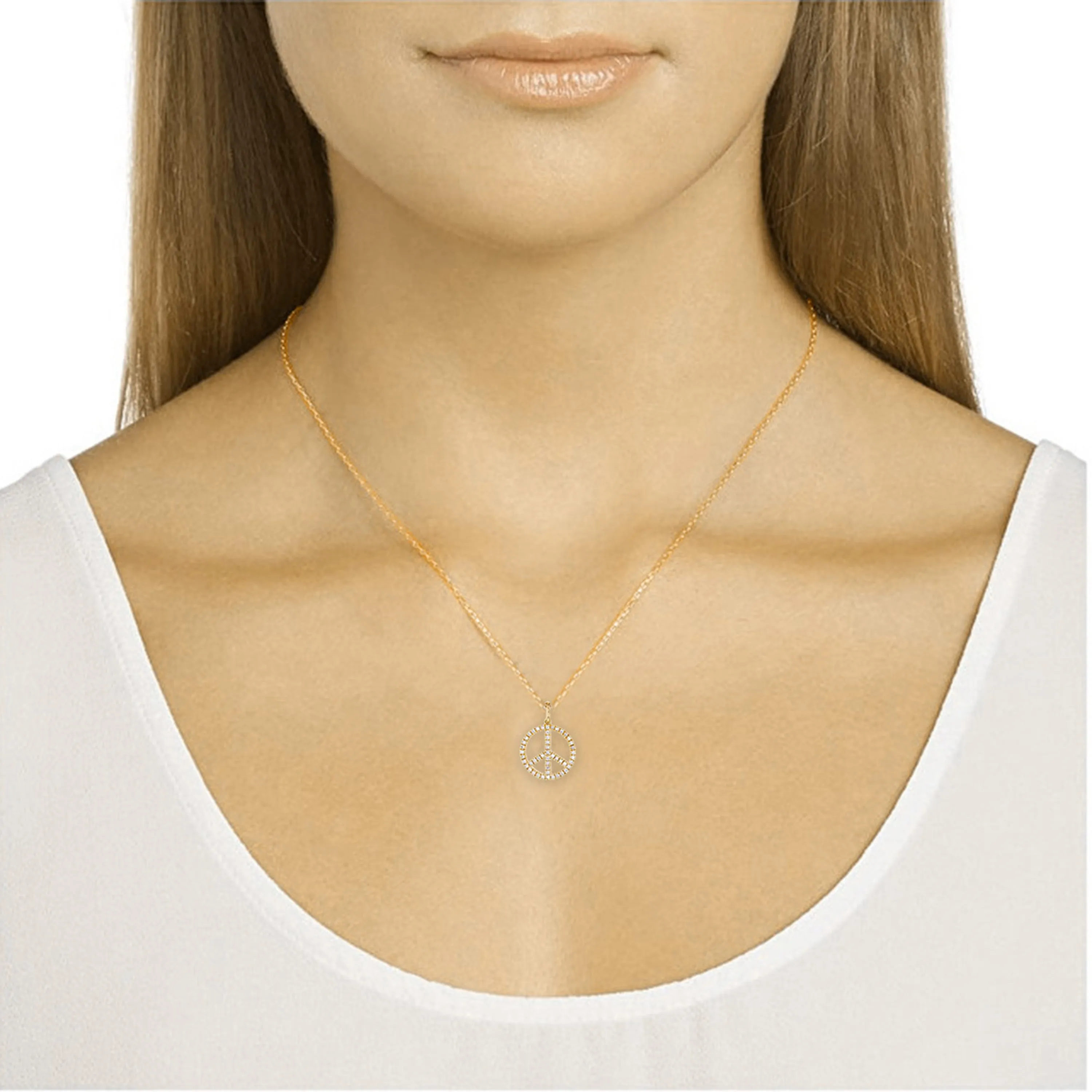 14k Yellow White or Rose Gold 0.17 ctw Diamond Peace Sign Pendant Necklace 18"