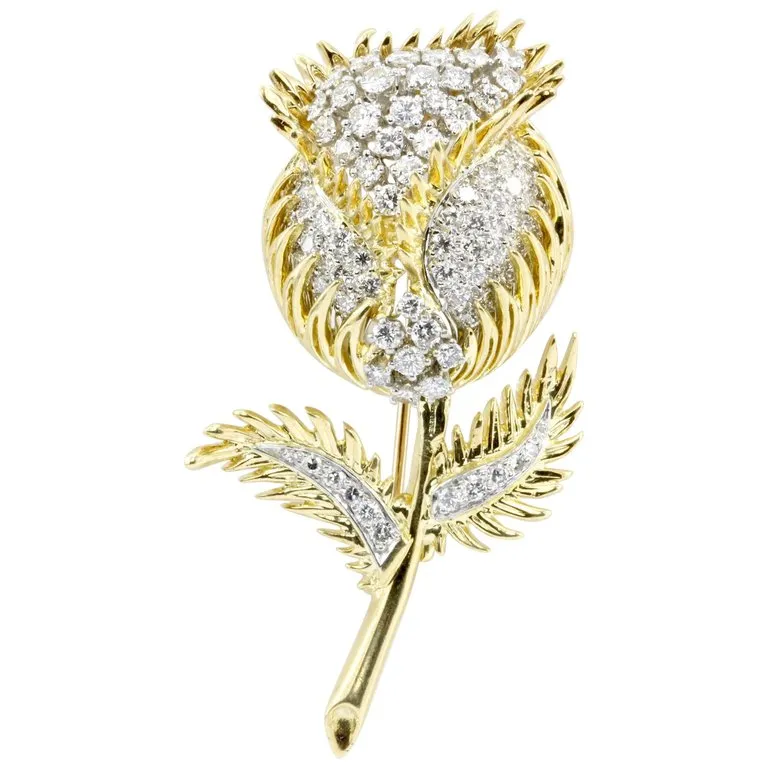 18K Gold & Platinum Diamond Flowering Thistle Pendant / Brooch