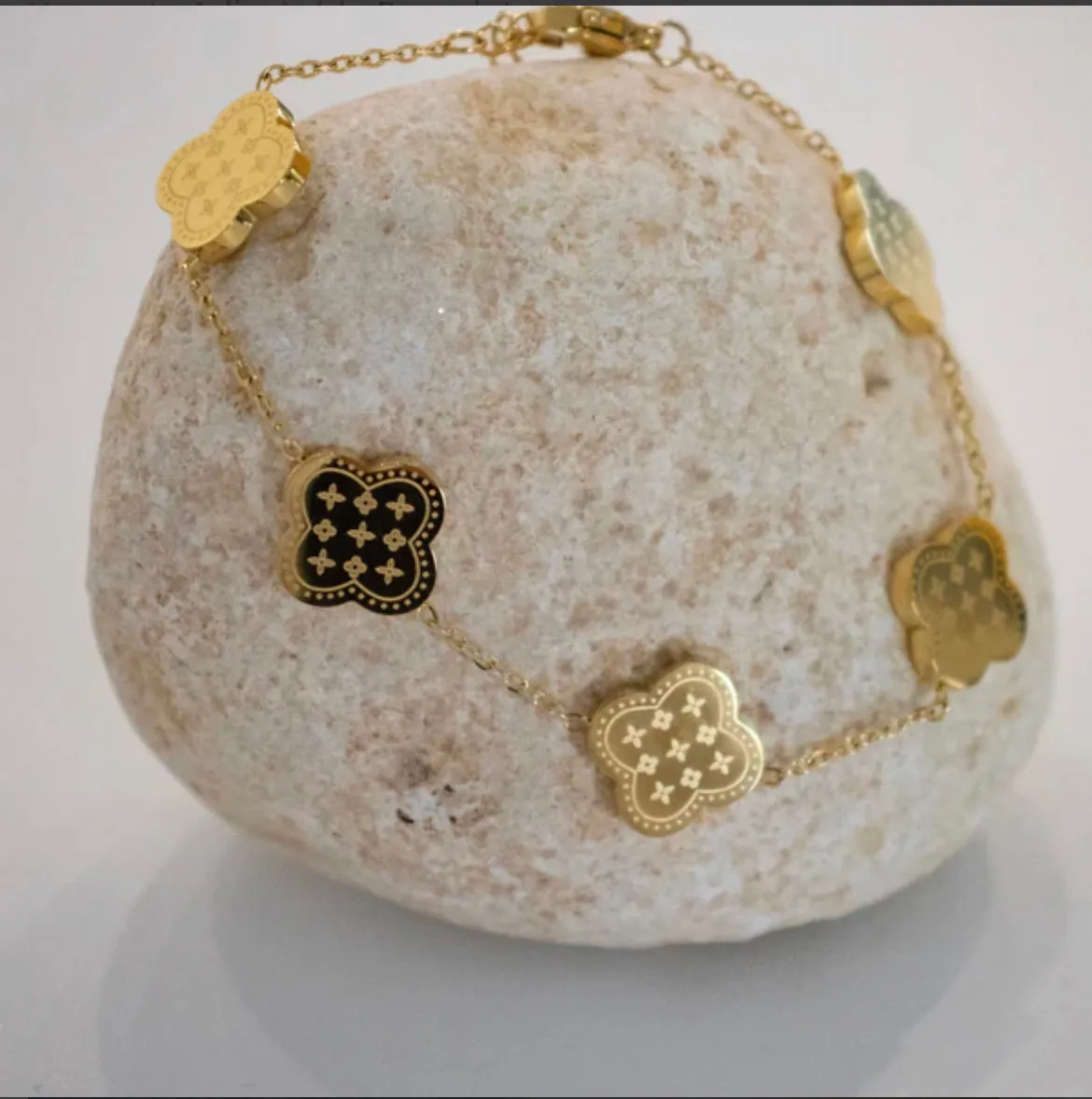 18k Gold Plated Both Sides Printed Four Leaf Clover Set (Necklace, Earrings and Bracelet).