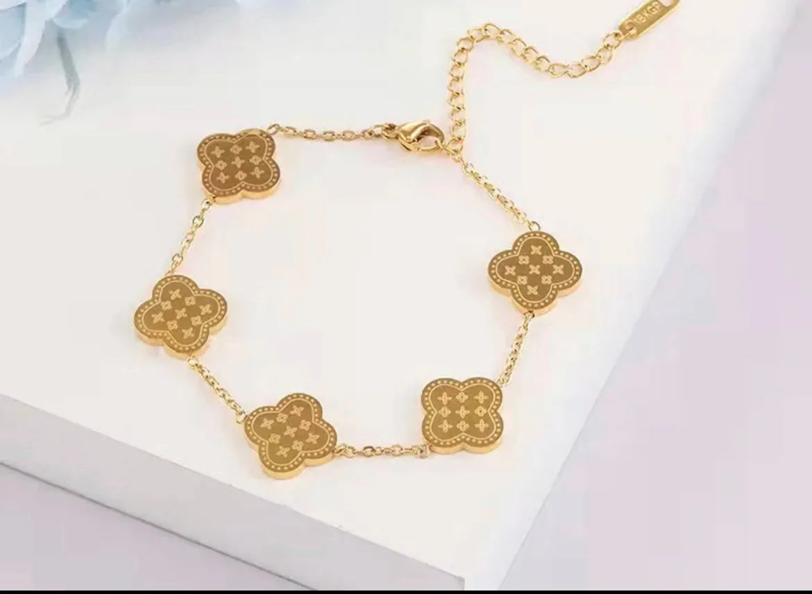 18k Gold Plated Both Sides Printed Four Leaf Clover Set (Necklace, Earrings and Bracelet).