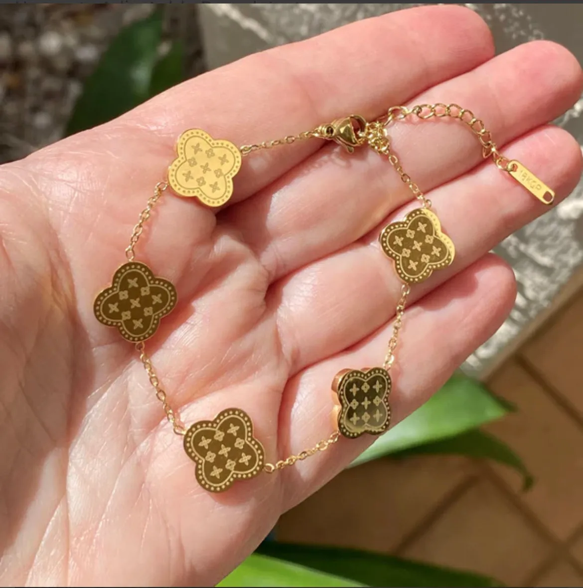 18k Gold Plated Both Sides Printed Four Leaf Clover Set (Necklace, Earrings and Bracelet).