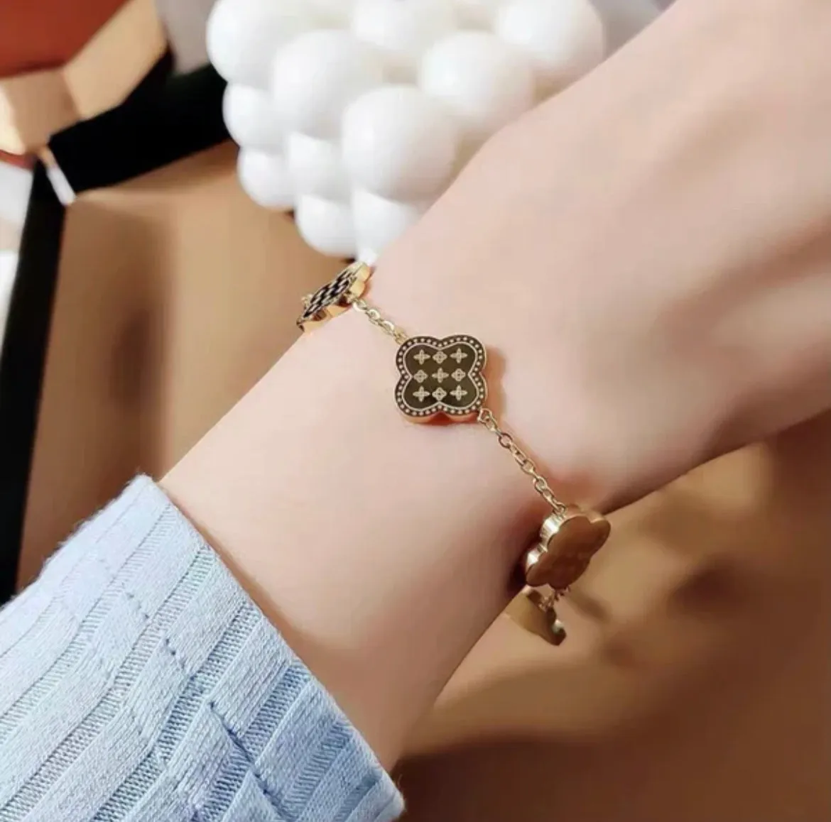 18k Gold Plated Both Sides Printed Four Leaf Clover Set (Necklace, Earrings and Bracelet).