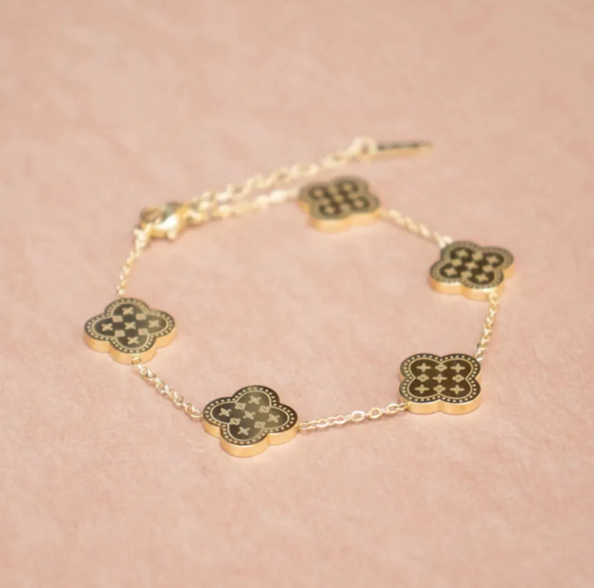 18k Gold Plated Both Sides Printed Four Leaf Clover Set (Necklace, Earrings and Bracelet).