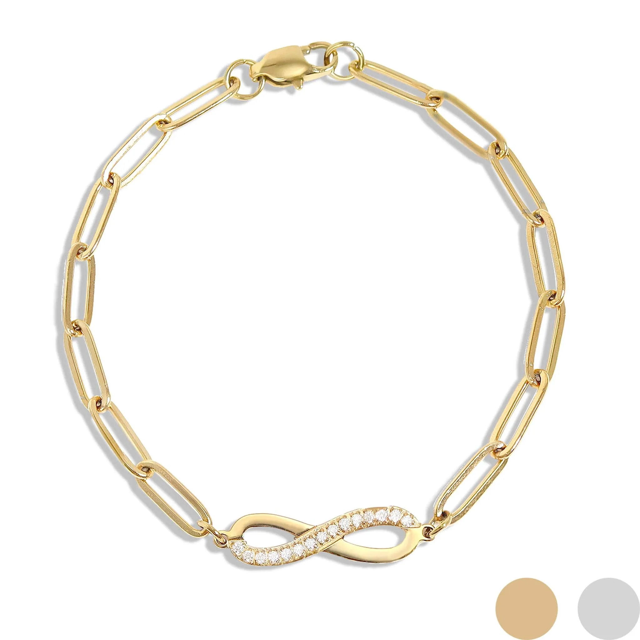 18K Gold PVD Stainless Steel Stone "Infinity" Paperclip Chain Bracelet: Gold