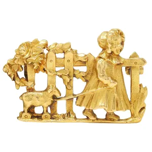 1960's French 18 Karat Yellow Gold Child Pulling Toy Vintage Brooch