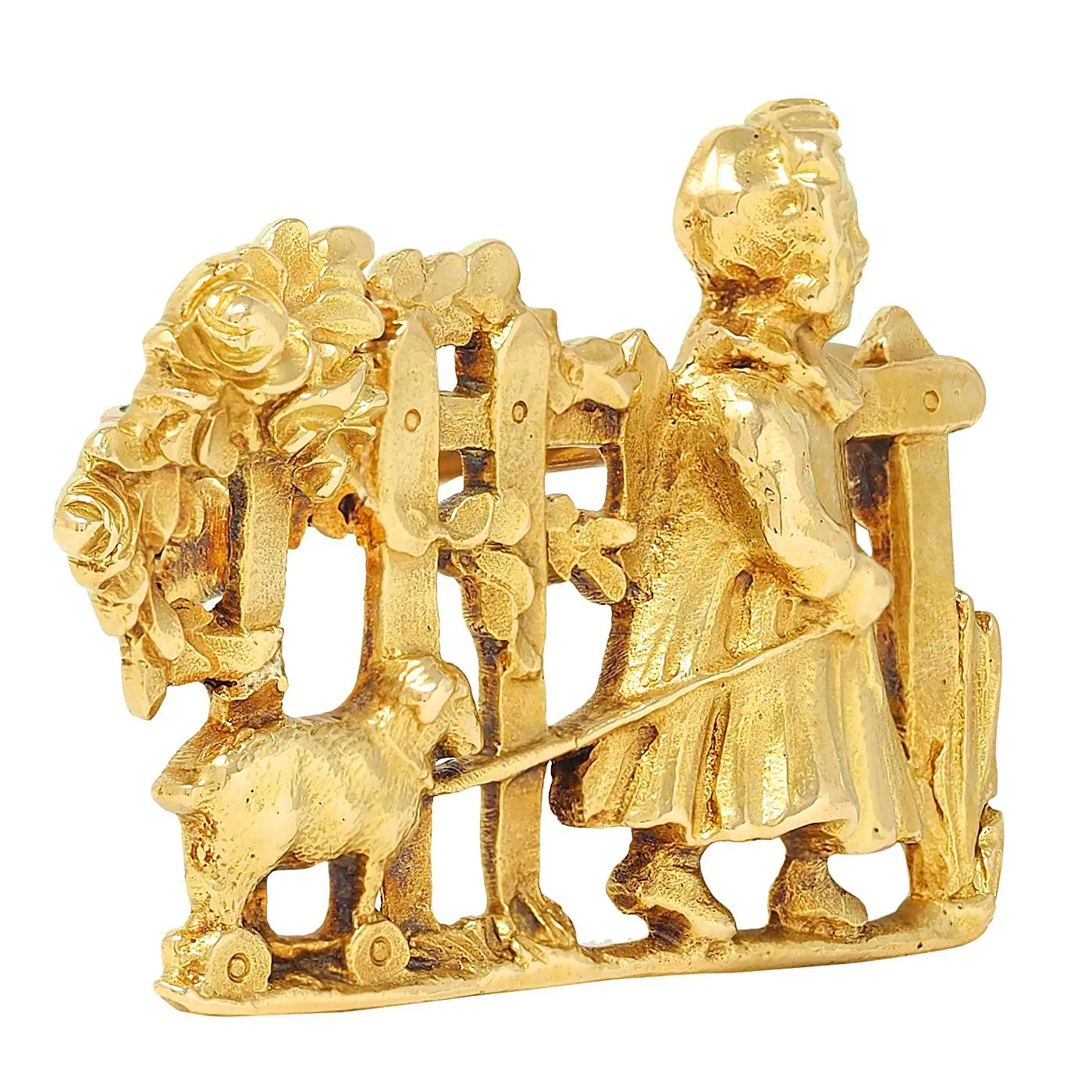1960's French 18 Karat Yellow Gold Child Pulling Toy Vintage Brooch