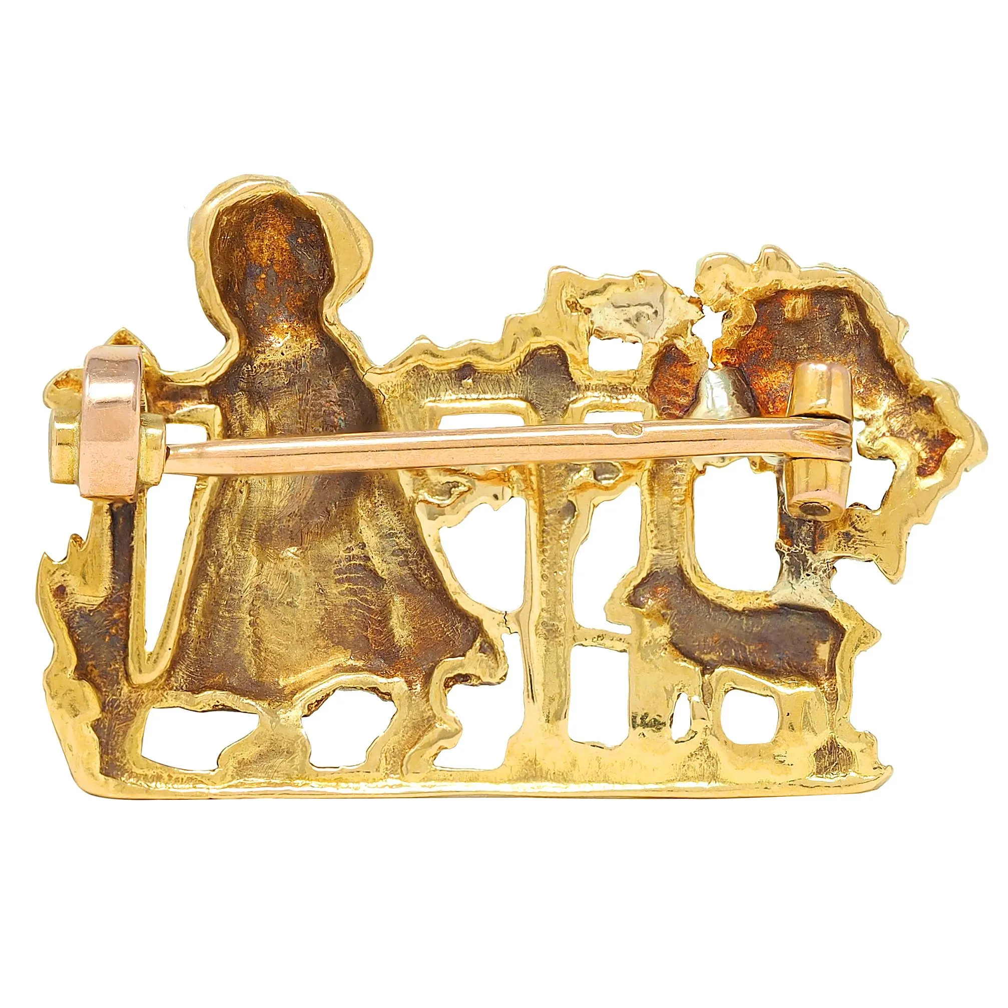 1960's French 18 Karat Yellow Gold Child Pulling Toy Vintage Brooch