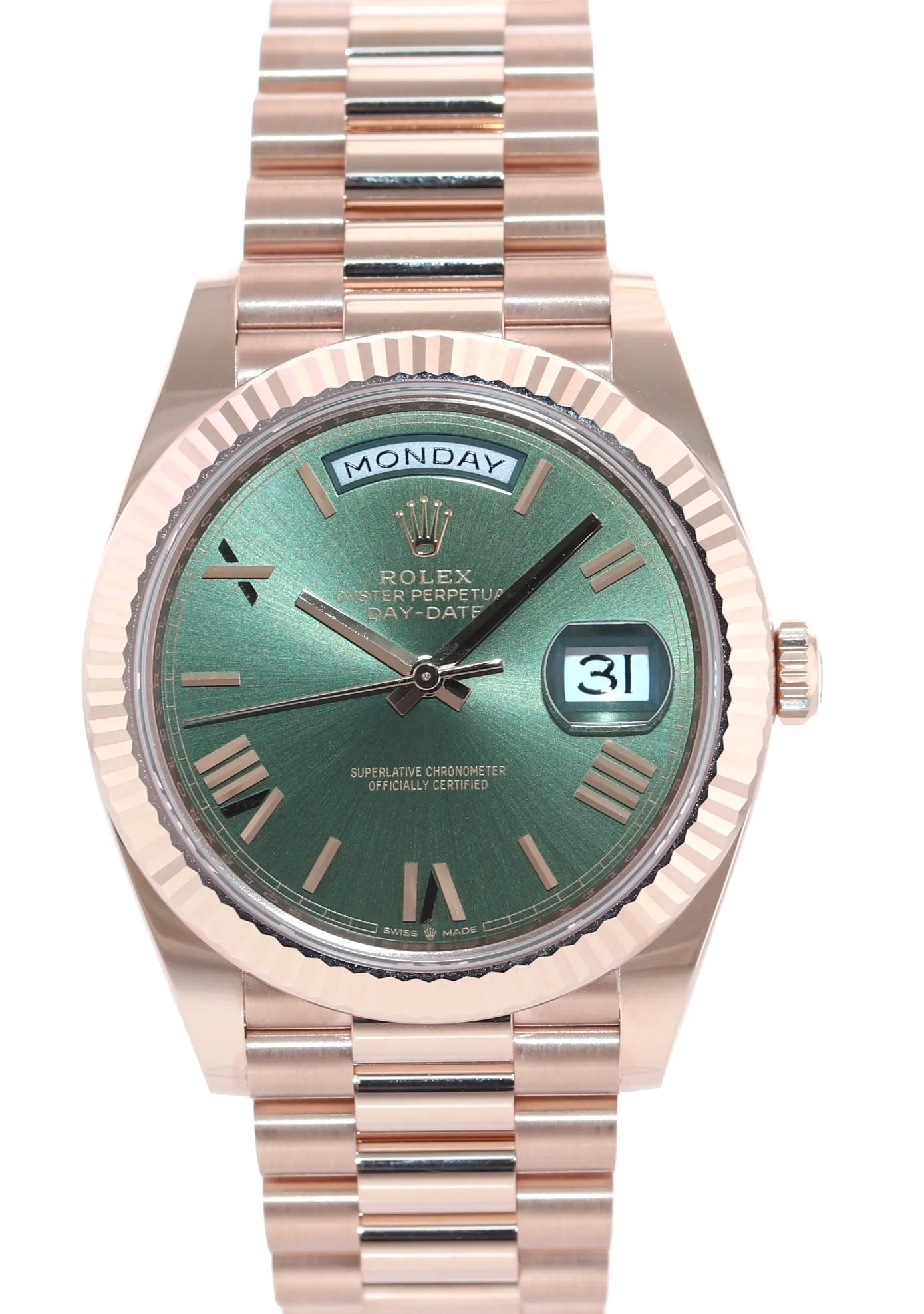 2022 BRAND NEW PAPERS Rolex President Rose Gold Olive Green Roman 228235 Watch