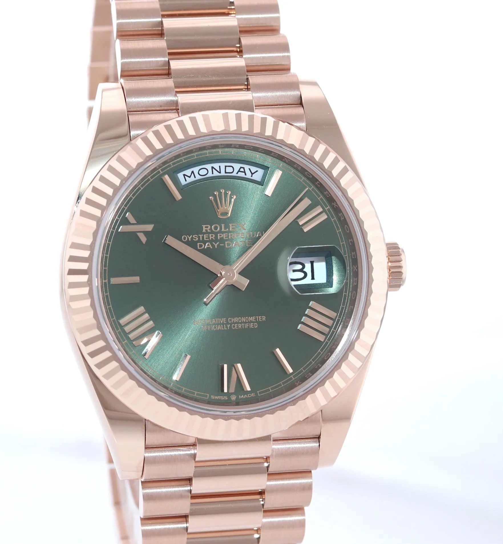 2022 BRAND NEW PAPERS Rolex President Rose Gold Olive Green Roman 228235 Watch