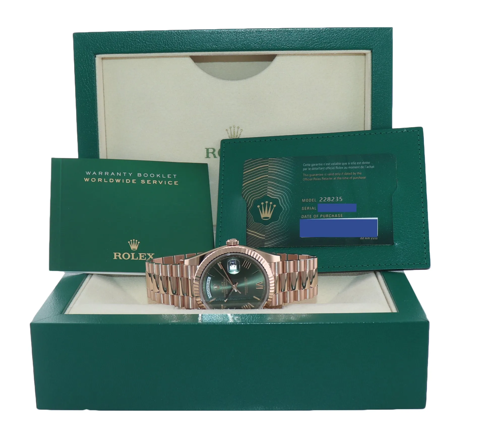 2022 BRAND NEW PAPERS Rolex President Rose Gold Olive Green Roman 228235 Watch