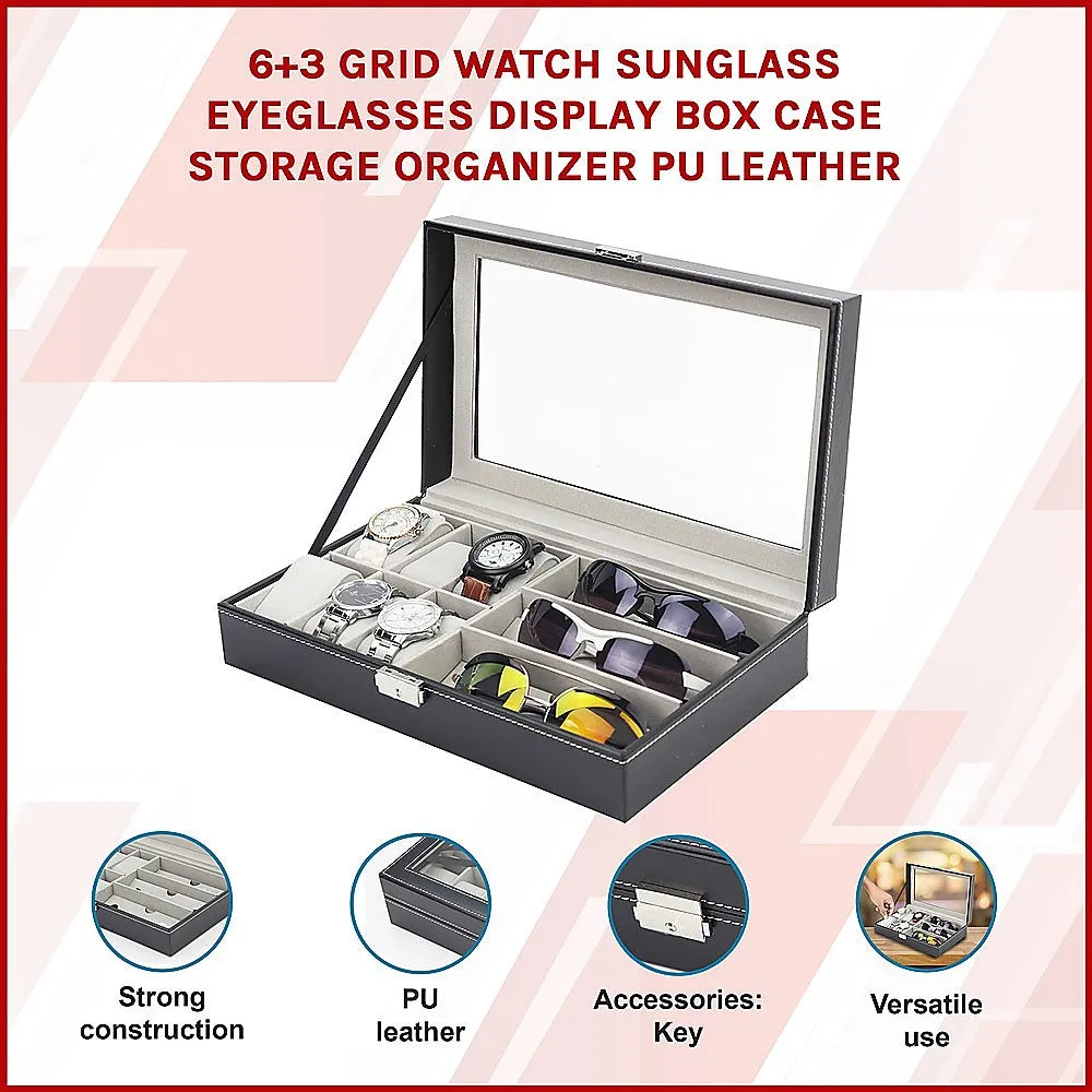 6 3 Grid Watch Sunglass Eyeglasses Display Box Case Storage Organizer PU Leather