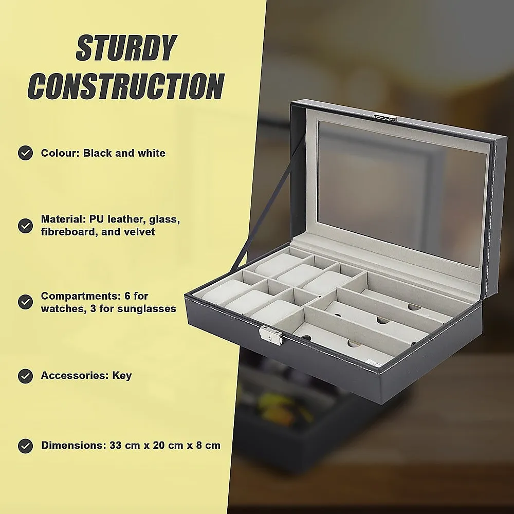 6 3 Grid Watch Sunglass Eyeglasses Display Box Case Storage Organizer PU Leather