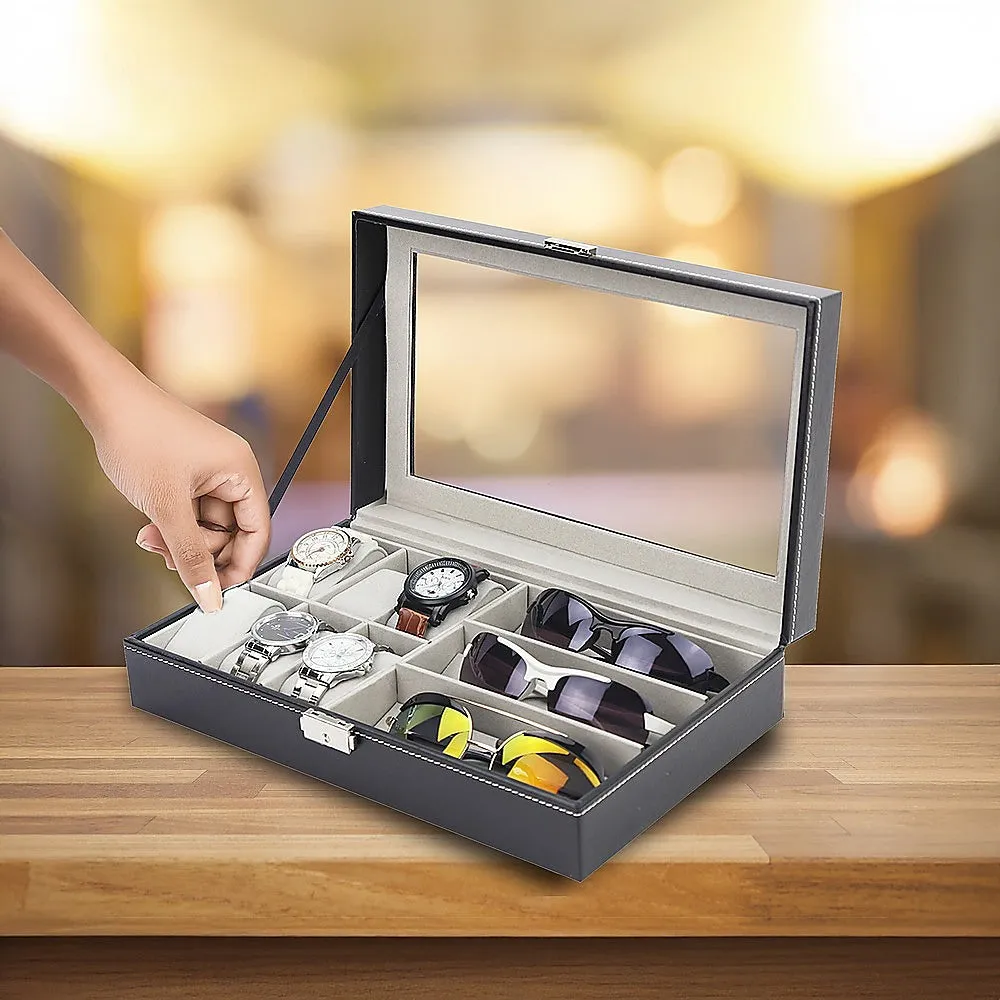 6 3 Grid Watch Sunglass Eyeglasses Display Box Case Storage Organizer PU Leather