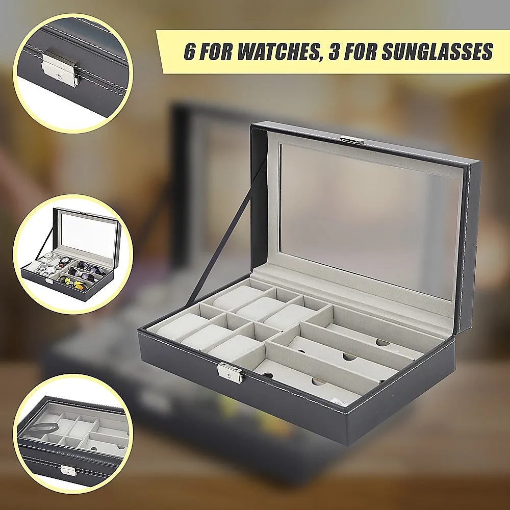6 3 Grid Watch Sunglass Eyeglasses Display Box Case Storage Organizer PU Leather