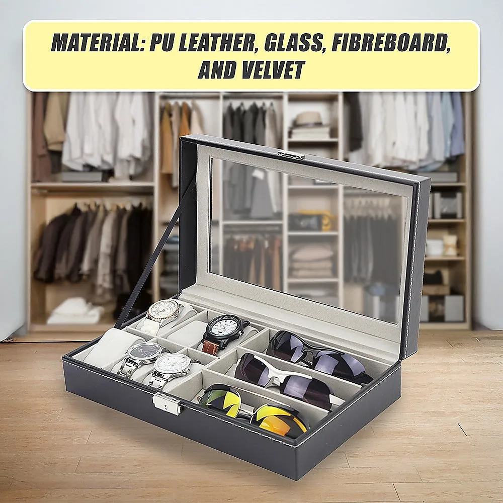 6 3 Grid Watch Sunglass Eyeglasses Display Box Case Storage Organizer PU Leather
