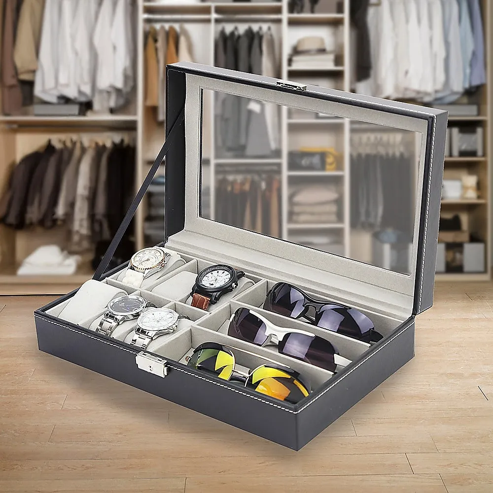 6 3 Grid Watch Sunglass Eyeglasses Display Box Case Storage Organizer PU Leather