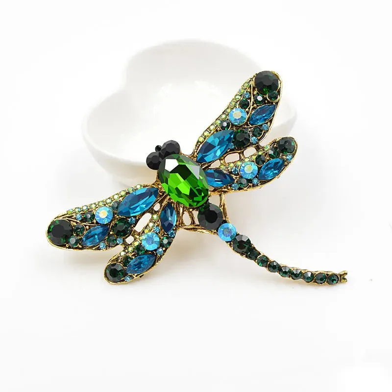 9cm Vintage Rhinestone Dragonfly Brooches Pin Backing for Women Large Insect Brooch Fashion Dress Coat Accessories Jewellery