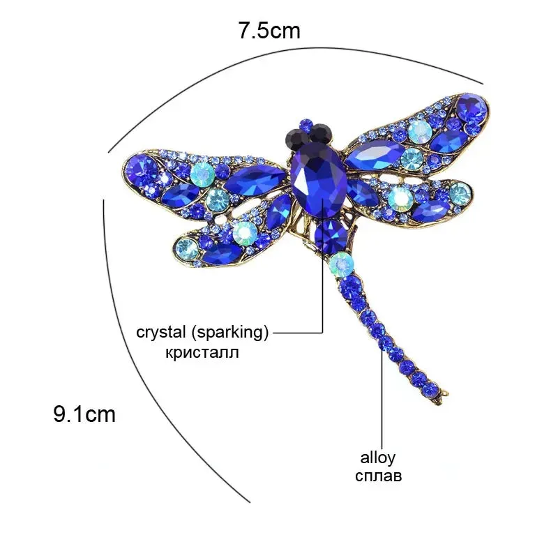 9cm Vintage Rhinestone Dragonfly Brooches Pin Backing for Women Large Insect Brooch Fashion Dress Coat Accessories Jewellery