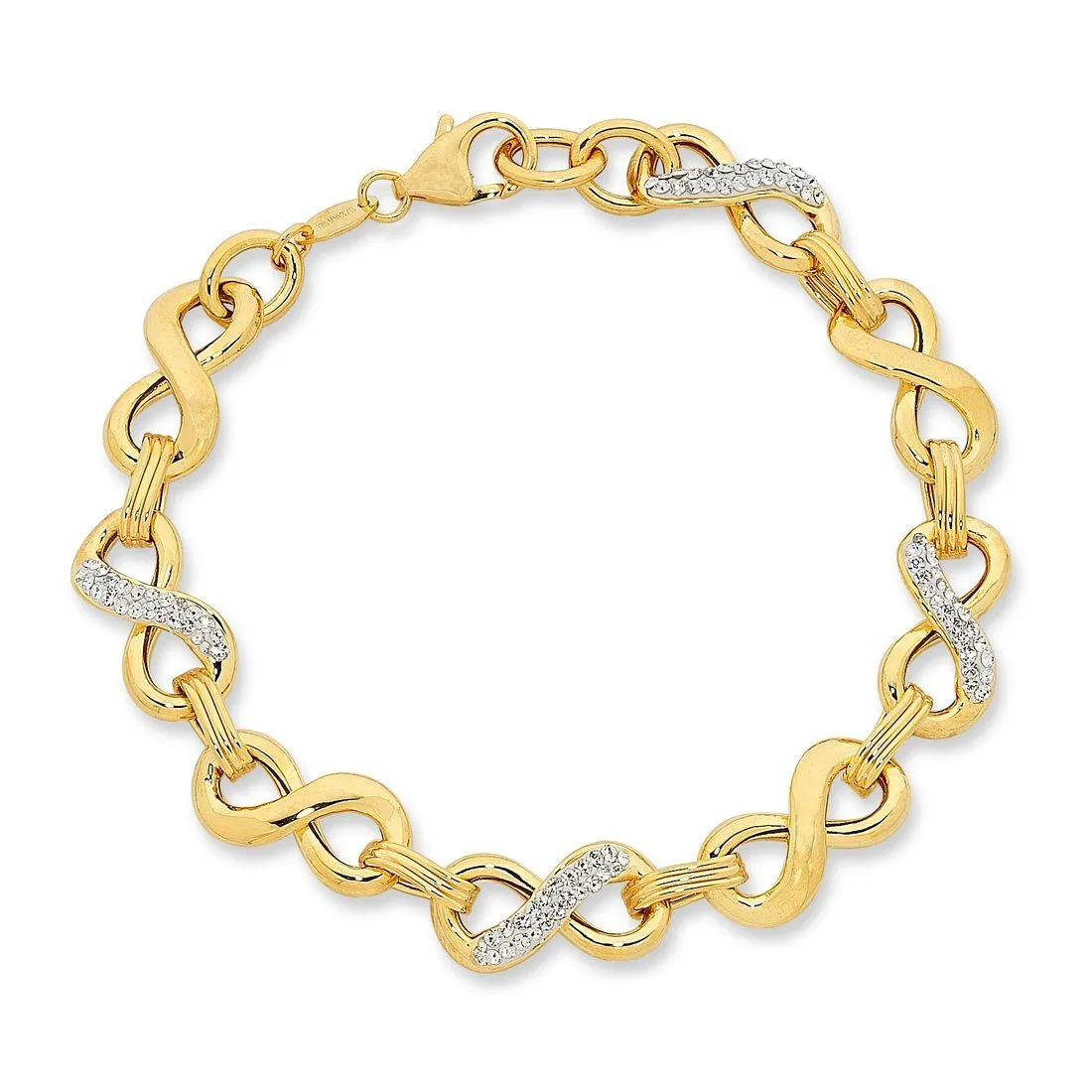 9ct Yellow Gold Silver Infused Crystal Infinity Bracelet 20cm