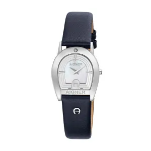 Aigner Varese Ladies White Mother of Pearl Dial Black/Blue Leather Strap Watch