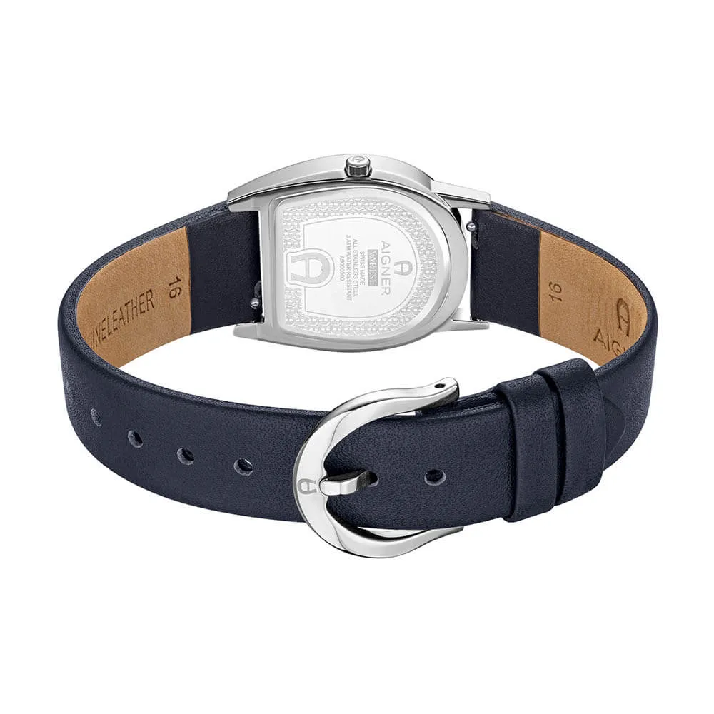 Aigner Varese Ladies White Mother of Pearl Dial Black/Blue Leather Strap Watch
