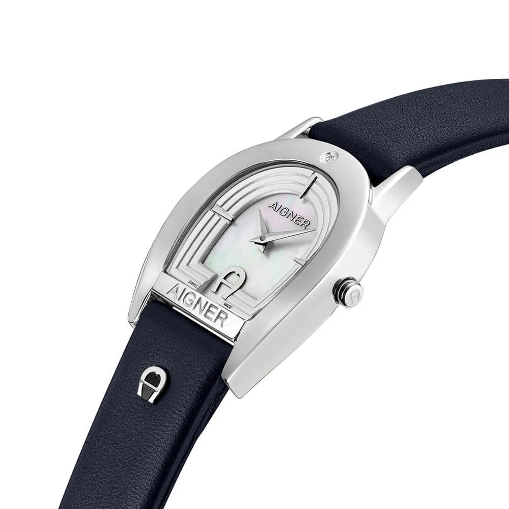 Aigner Varese Ladies White Mother of Pearl Dial Black/Blue Leather Strap Watch