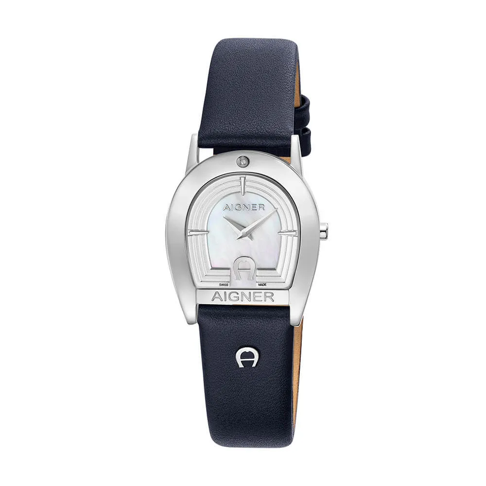 Aigner Varese Ladies White Mother of Pearl Dial Black/Blue Leather Strap Watch