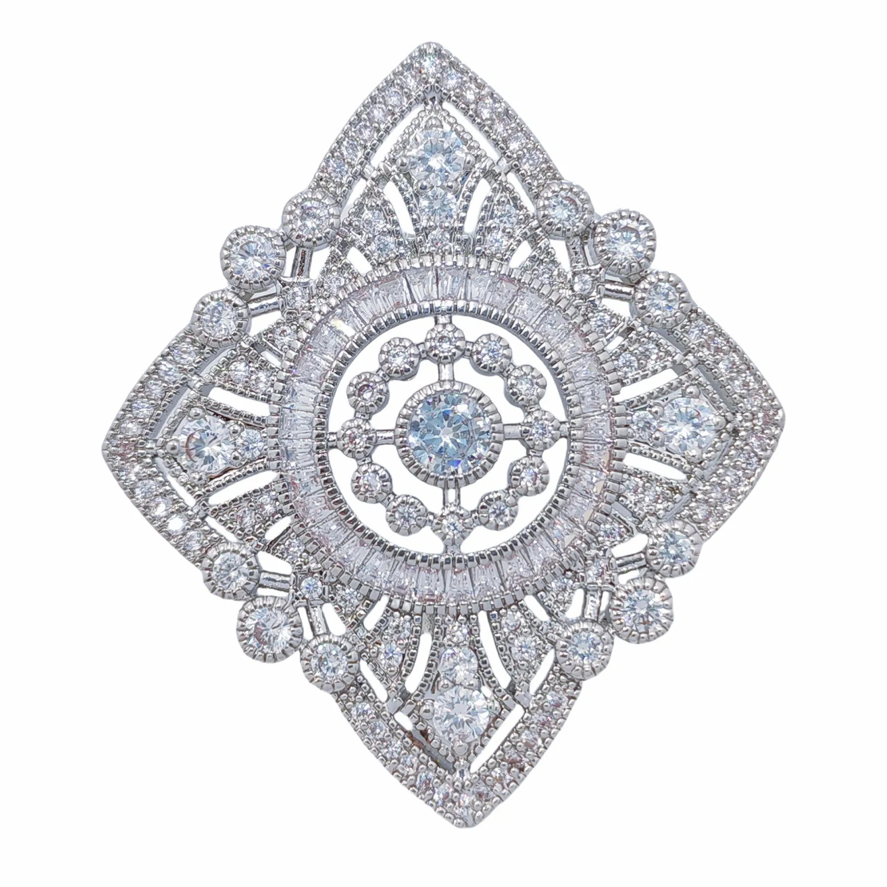 Art Deco Rhombus-Shaped Brooch with Silver Paving Setting – Vintage Court Style – Elegant Retro Brooch for Women
