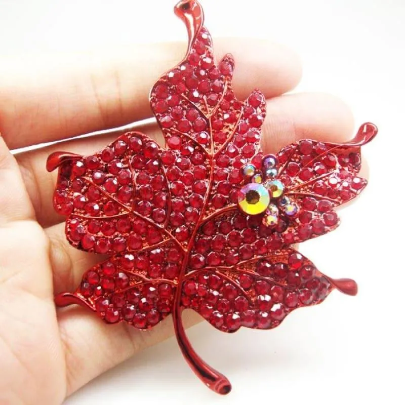 Art Nouveau Red Maple Leaf Rhinestone Crystal Woman Vintage Brooch
