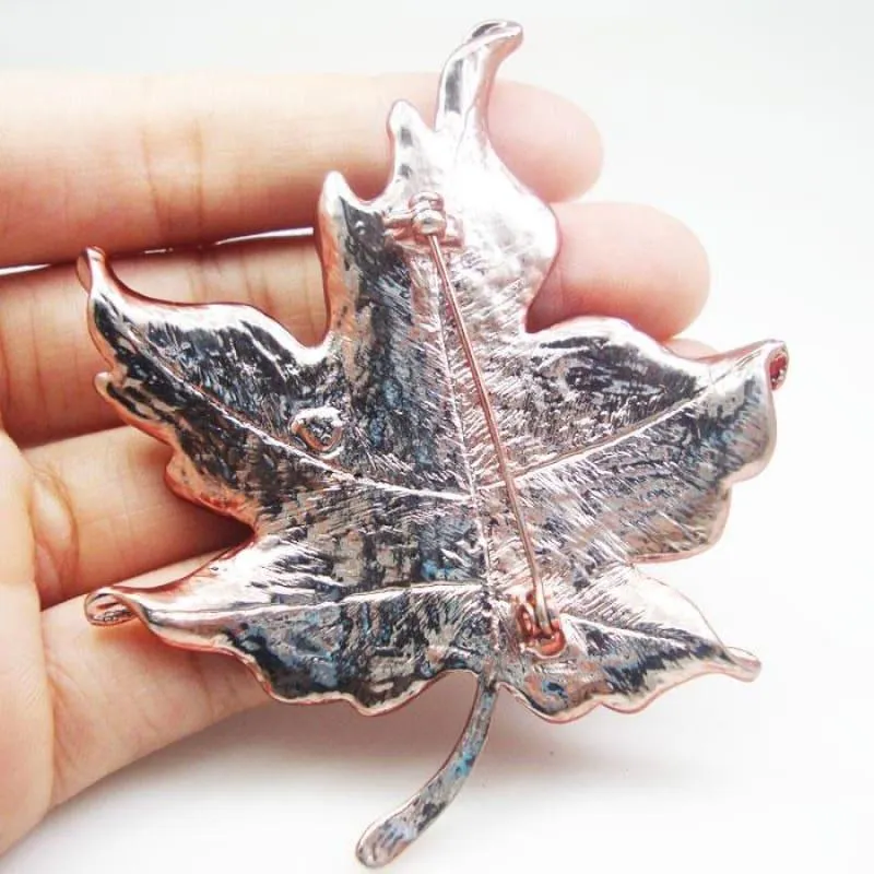 Art Nouveau Red Maple Leaf Rhinestone Crystal Woman Vintage Brooch