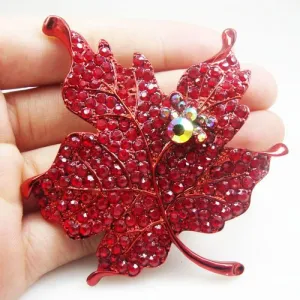 Art Nouveau Red Maple Leaf Rhinestone Crystal Woman Vintage Brooch
