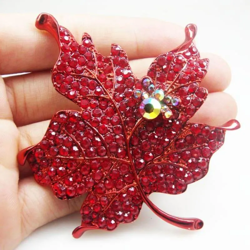 Art Nouveau Red Maple Leaf Rhinestone Crystal Woman Vintage Brooch