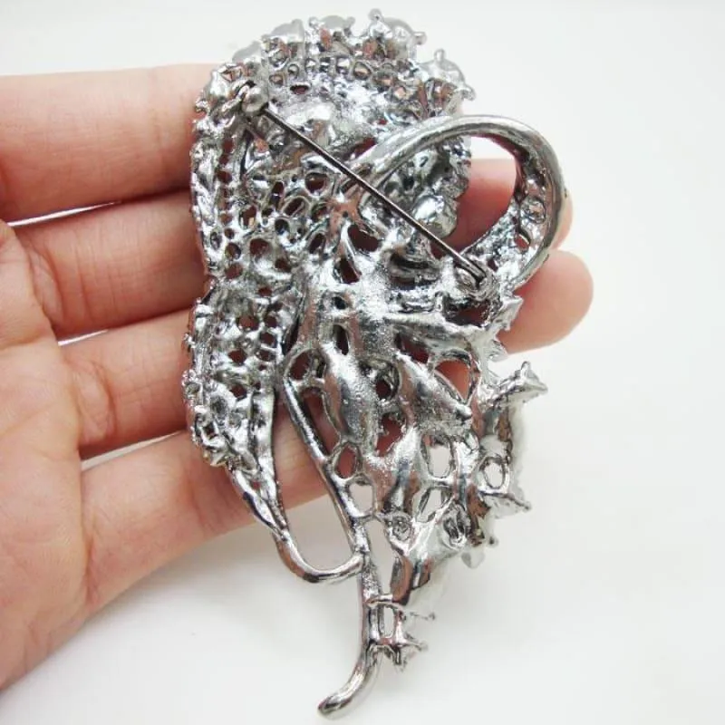 Art Nouveau Vintage Flowers Cluster Brooch Pin Black Rhinestone Crystal