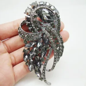 Art Nouveau Vintage Flowers Cluster Brooch Pin Black Rhinestone Crystal