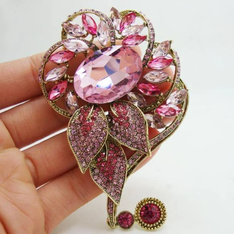 Beautiful Pink Flower Pendant Crystal Rhinestone Gold Tone Brooch Pin