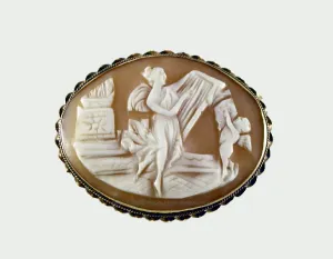 Beautiful Vintage Carved Shell Cameo Pin – Harpist & Cherub – 14k