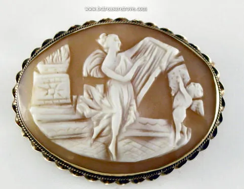 Beautiful Vintage Carved Shell Cameo Pin – Harpist & Cherub – 14k