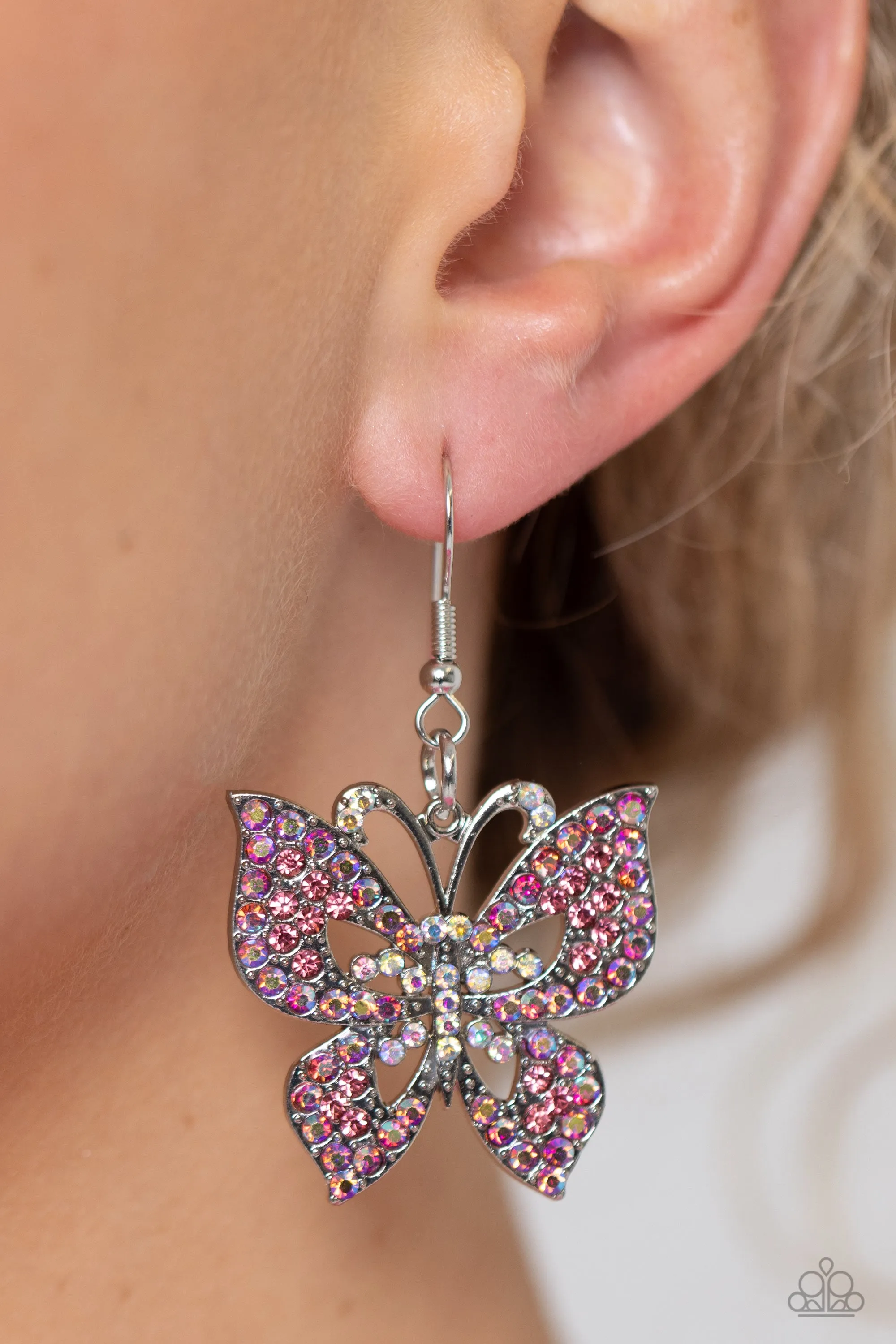 Bejeweled Breeze - Pink - and Iridescent Rhinestone Butterfly Paparazzi Fishhook Earrings