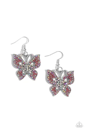 Bejeweled Breeze - Pink - and Iridescent Rhinestone Butterfly Paparazzi Fishhook Earrings