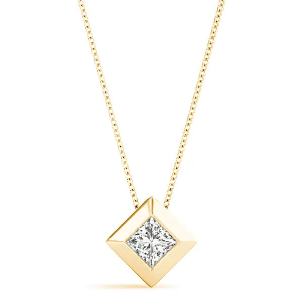 Bezel Set Princess Cut Diamond Solitaire Necklace Pendant