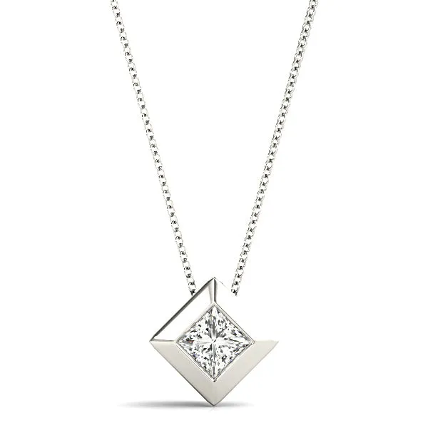 Bezel Set Princess Cut Diamond Solitaire Necklace Pendant